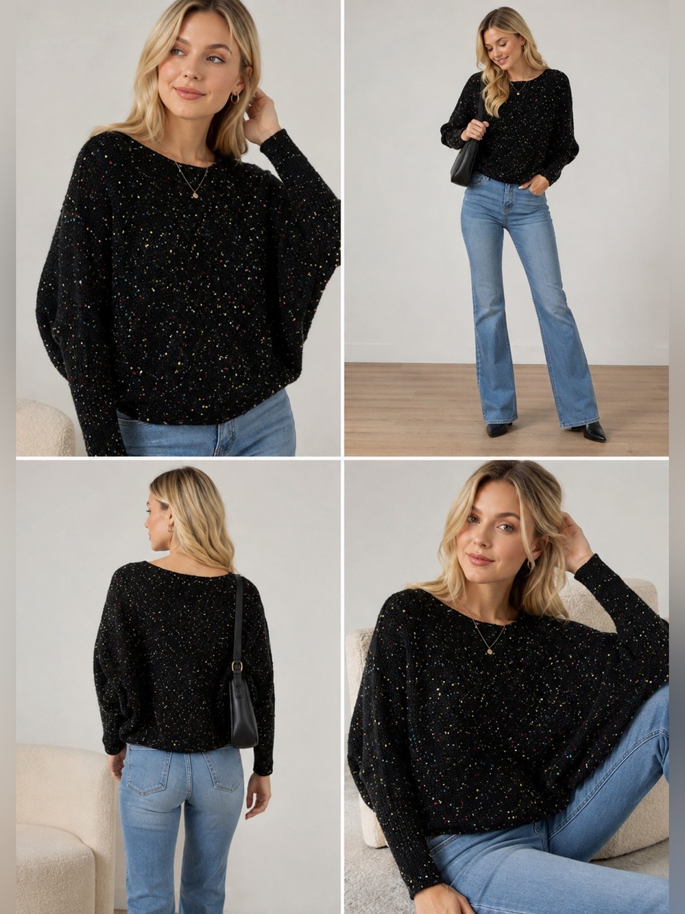 Hyfve Black Confetti Speckled Chenille Sweater Cozy Oversized Dolman Sleeve L